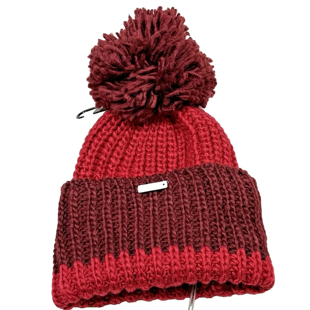BENCH Chunky Ribbed Knit Pom Pom Beanie Maroon Red One Size Unisex NWT‎